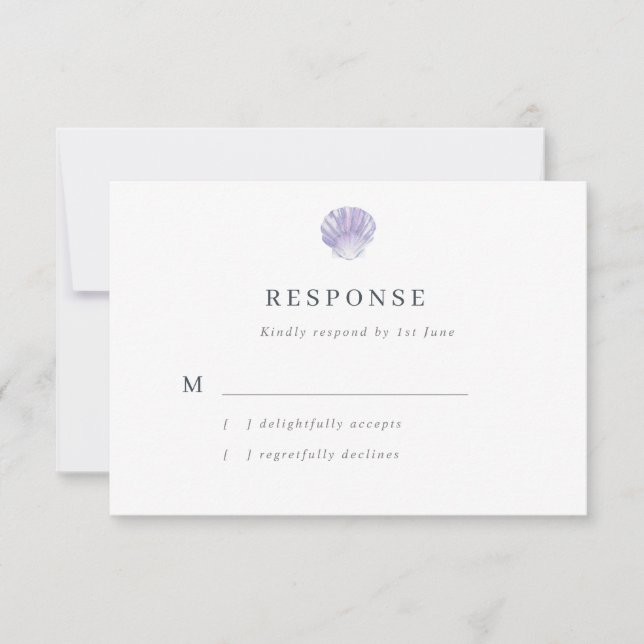 Modern Watercolor Seashell Purple Wedding RSVP Card (Front)