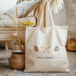 Modern Watercolor Seashells Custom Text Tote Bag<br><div class="desc">A nautical watercolor theme welcomes your guests to their quarters and sets the tone for a top notch wedding celebration. Beautiful hand painted seashells paired with sleek,  minimal fonts. Customize your details and let this beautiful design do all the talking. Makes for a thoughtful gift!</div>