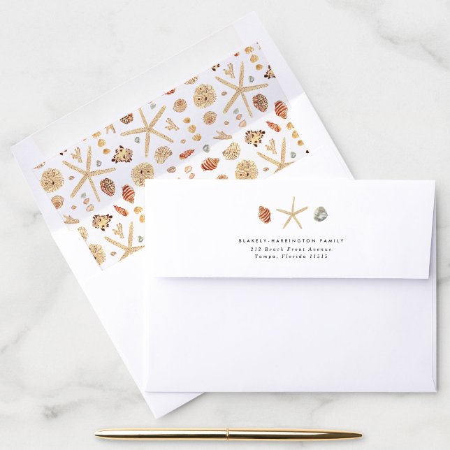 Modern Watercolor Seashells Envelope (Watercolor seashells return address envelope and matching pattern liner.)