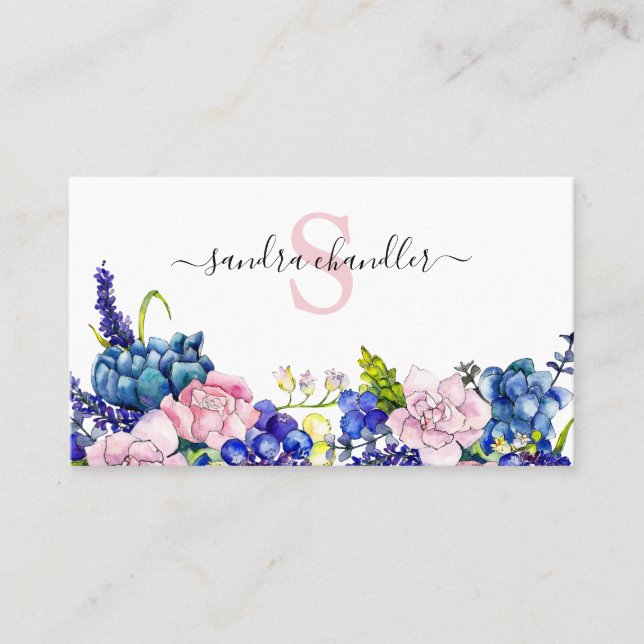Modern Watercolor Signature Script Florist Business Card (Front)