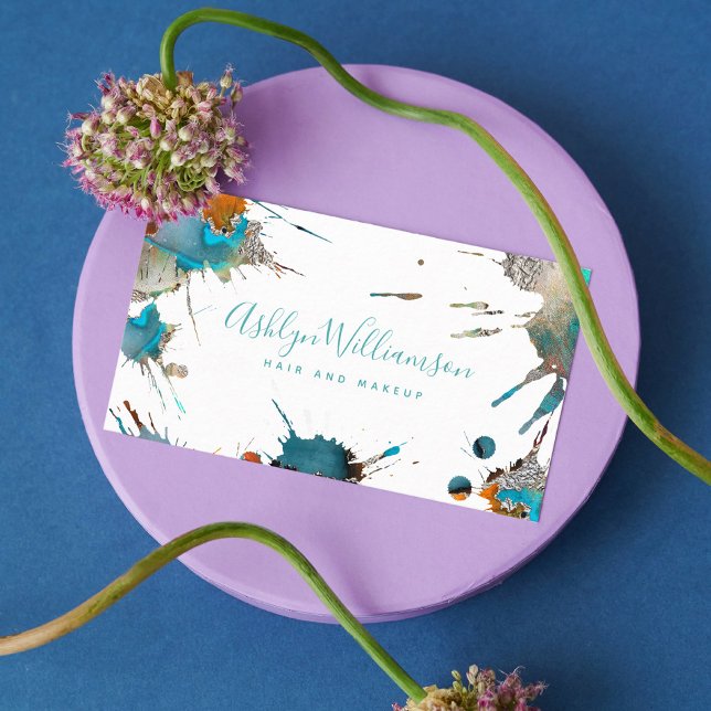 Modern watercolor silver turquoise splatter script business card (Creator Uploaded)