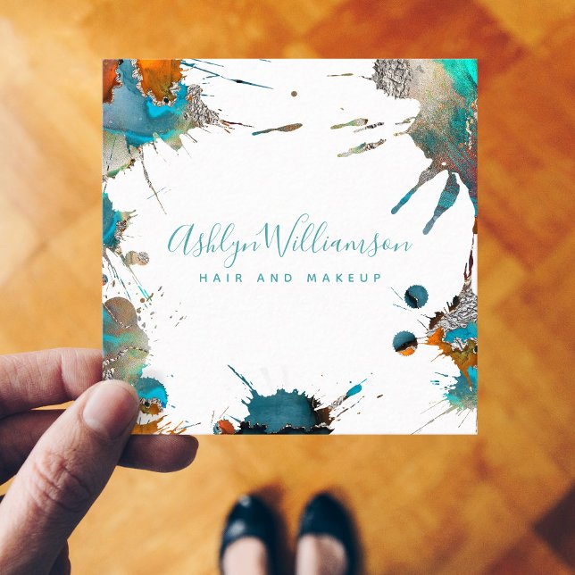 Modern watercolor silver turquoise splatter script square business card (Creator Uploaded)
