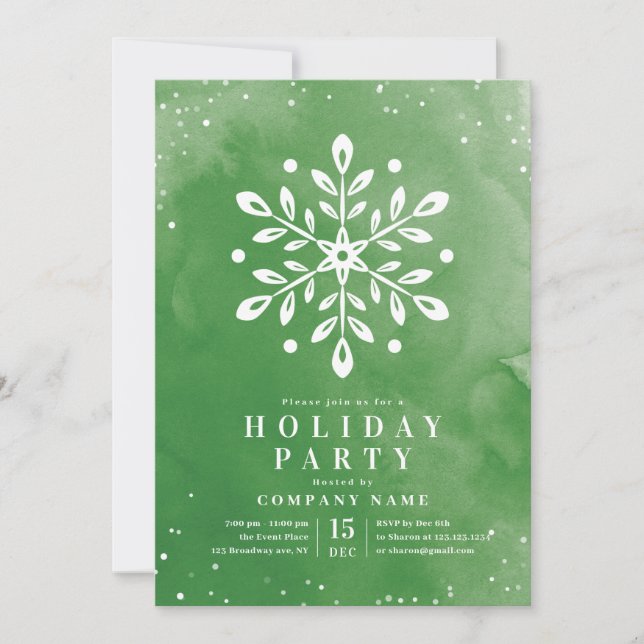 Modern Watercolor Snowflake Green Christmas Party Invitation (Front)