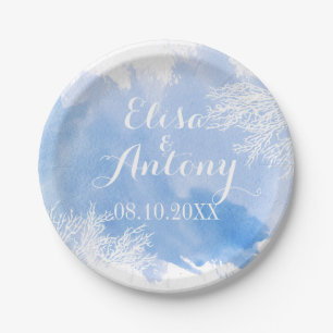 Modern watercolor splash blue coral reef wedding paper plate