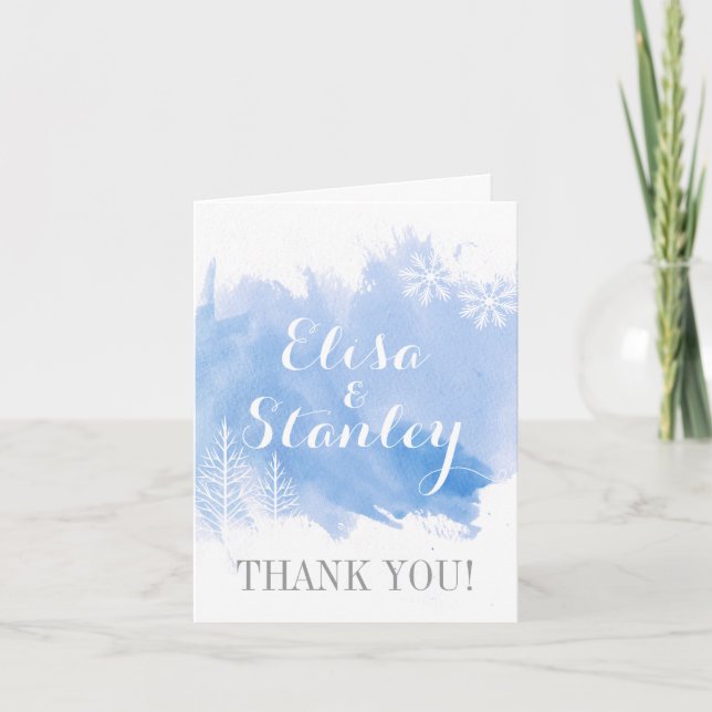 Modern watercolor splash blue wedding Thank You (Front)
