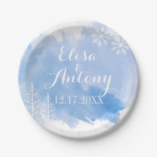 Modern watercolor splash blue winter wedding paper plate