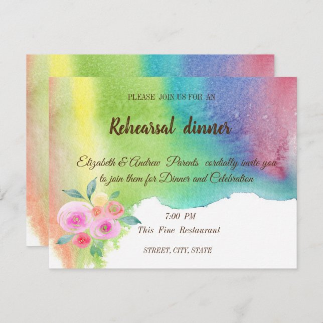 Modern Watercolor Splash, Flower  Rehearsal Dinner Invitation (Front/Back)