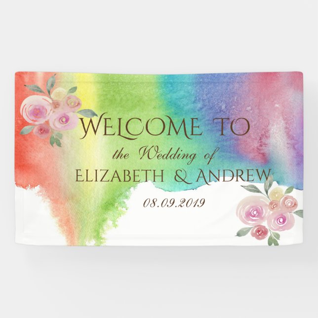 Modern Watercolor Splash Flowers   Wedding Banner (Horizontal)