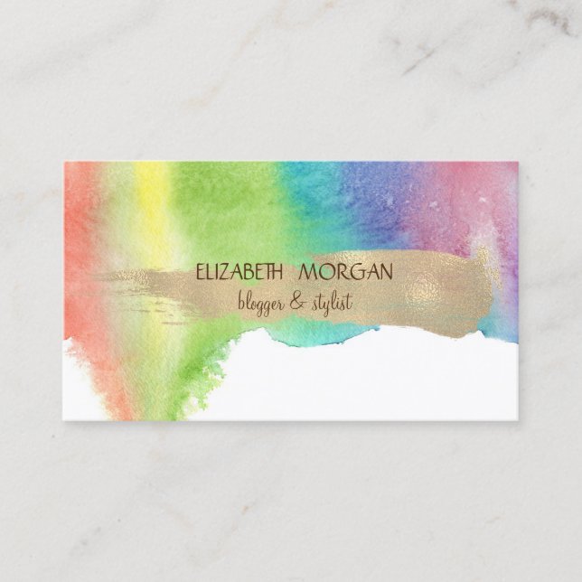 Modern Watercolor Splash, Gold Brush Stroke Business Card (Front)
