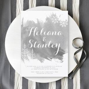 Modern watercolor splash grey winter wedding invitation