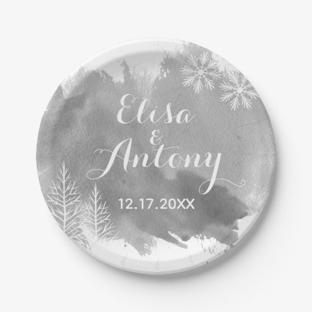 Modern watercolor splash grey winter wedding paper plate (Front)