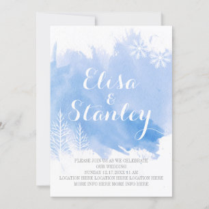 Modern watercolor splash light blue winter wedding invitation