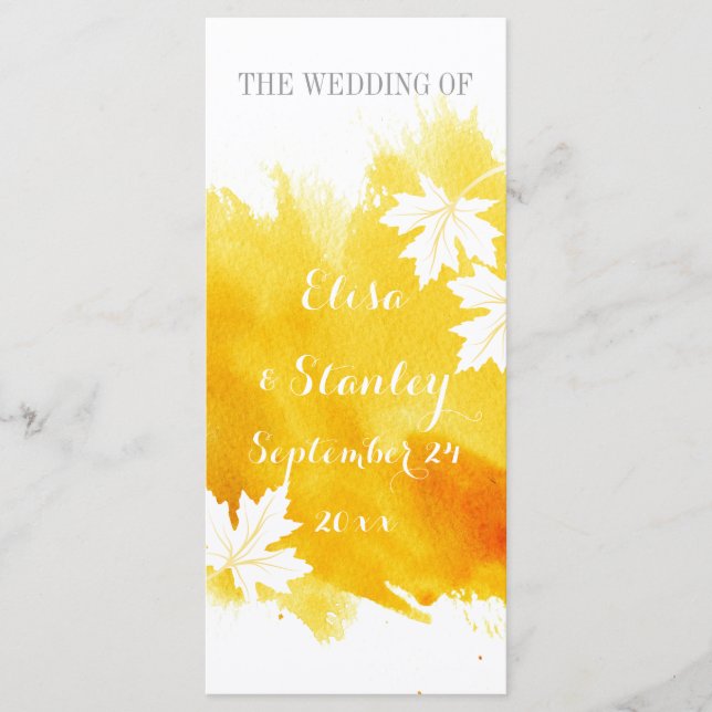 Modern watercolor splash yellow wedding program programme (Front)