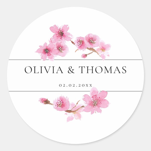 Modern Watercolor Spring Cherry Blossom Wedding Classic Round Sticker (Front)