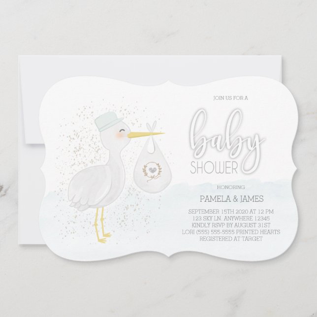 Modern Watercolor Stork Baby Shower Invitation (Front)