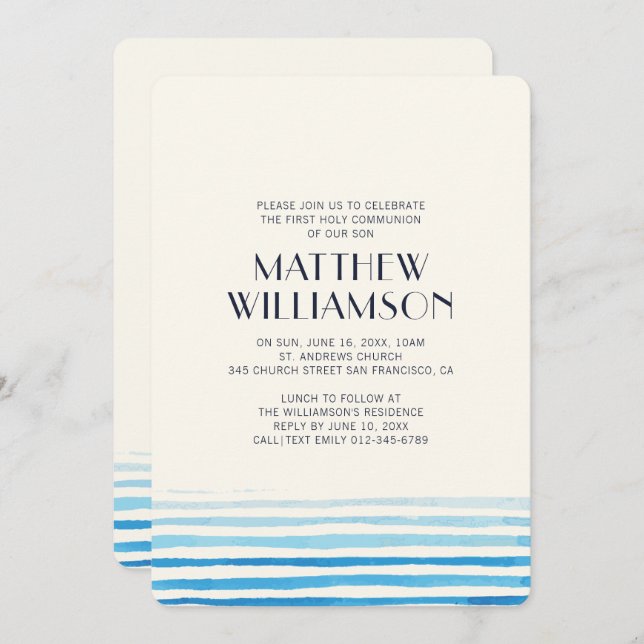 Modern Watercolor Stripes Communion Invitation (Front/Back)
