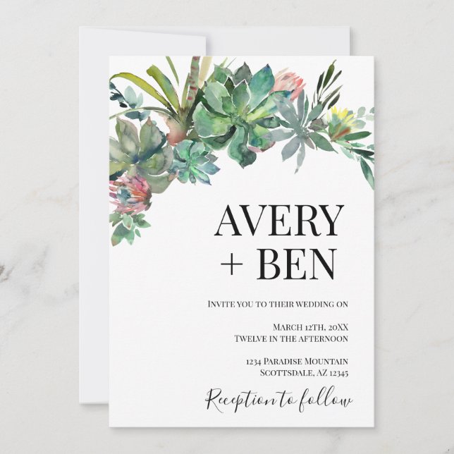 Modern Watercolor Succulent Greenery Wedding  Invitation (Front)