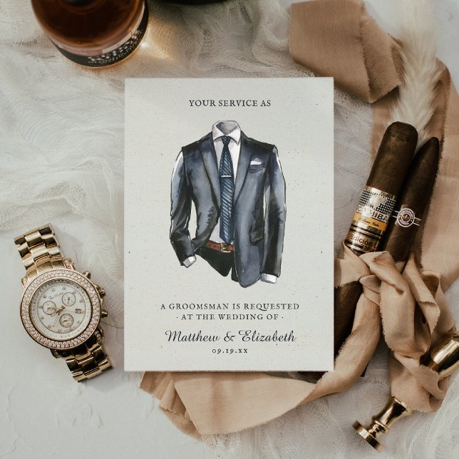 Modern Watercolor Suit Groomsman Proposal Request  Invitation (Creator Uploaded)