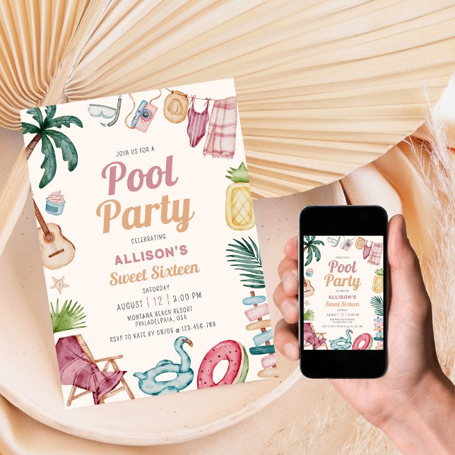 Modern Watercolor Summer Pool Party Sweet Sixteen Invitation (Creator Uploaded)