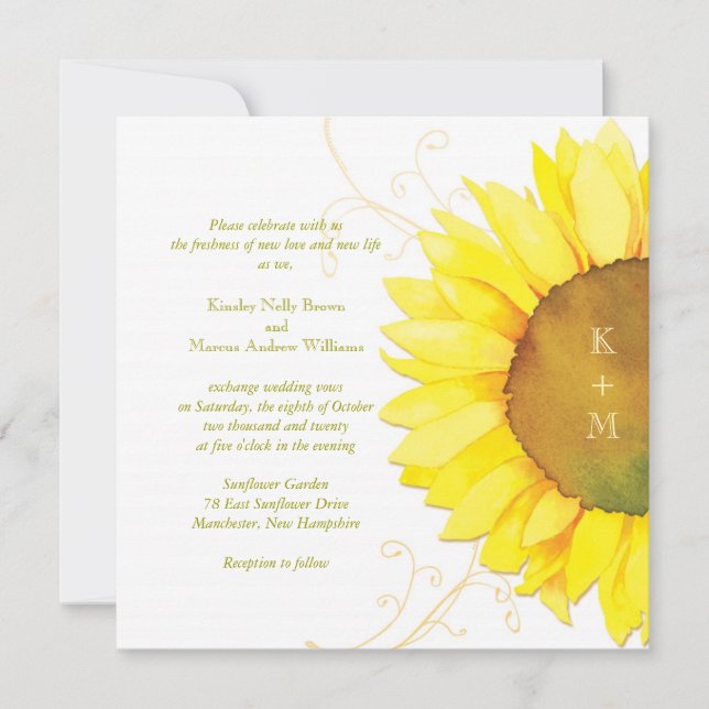 Modern Watercolor Sunflower Themed Wedding Invitation (Front)