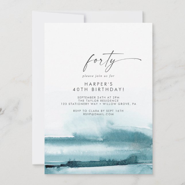 Modern Watercolor | Teal 40th Birthday Party Invitation (Front)