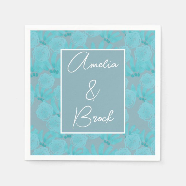 Modern Watercolor Teal Blue Floral Design Wedding  Napkin (Front)