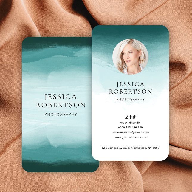 Modern Watercolor Teal Designer Photo Elegant Business Card (Elegant turquoise watercolor business cards with your custom photo)
