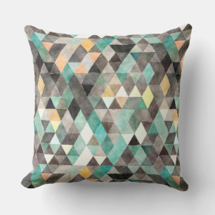 Modern Watercolor Teal Grey Gold Triangle Pattern Cushion