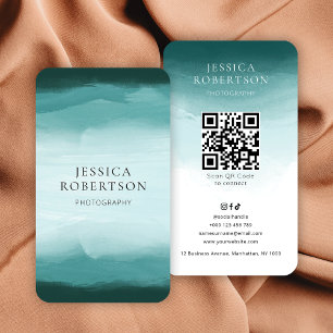 Modern Watercolor Teal Social Media QR Code Business Card
