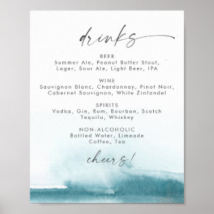 Modern Watercolor   Teal Wedding Drinks Menu Sign