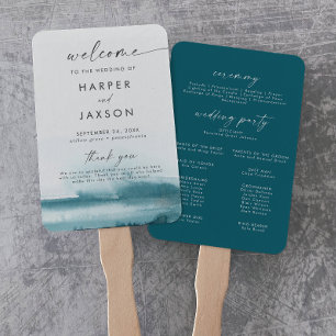 Modern Watercolor   Teal Wedding Program Hand Fan