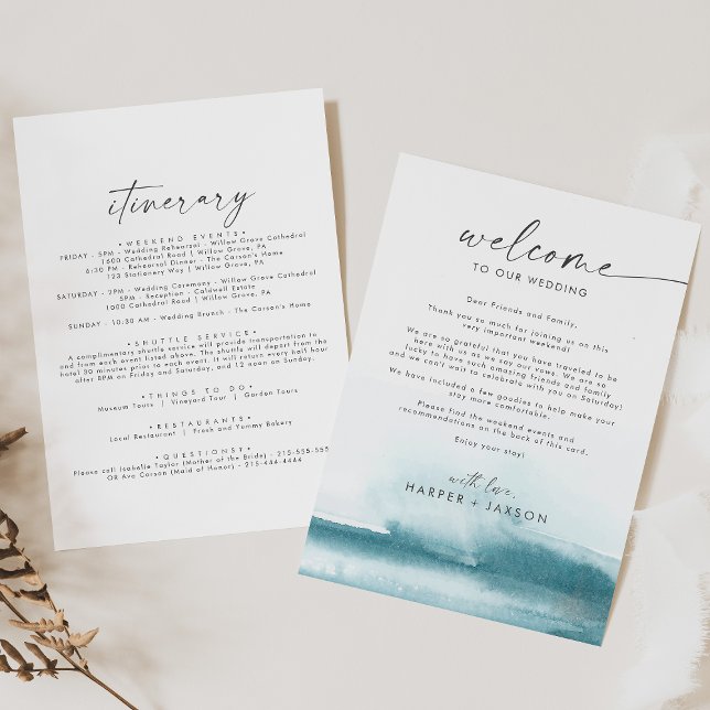 Modern Watercolor Teal Welcome Letter & Itinerary (Creator Uploaded)