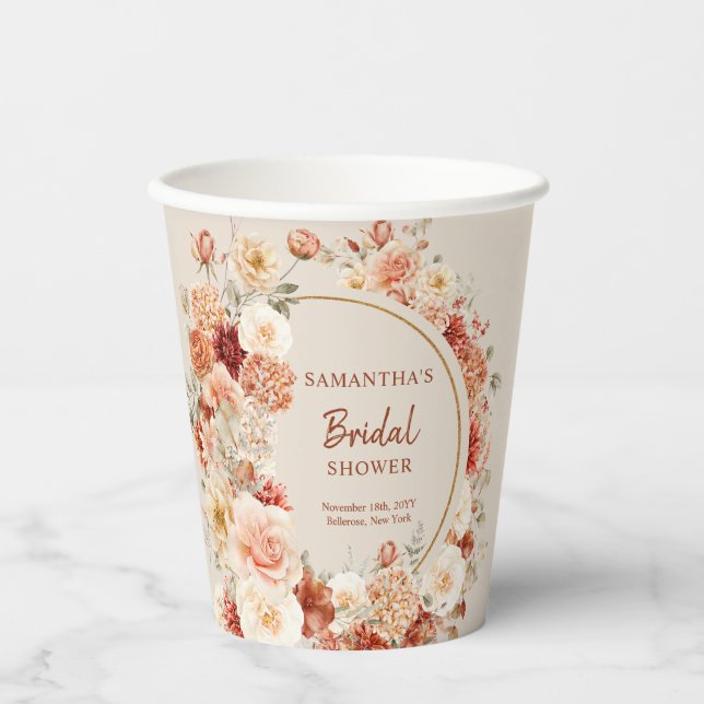 Modern watercolor terracotta burgundy blush floral paper cups (Front)