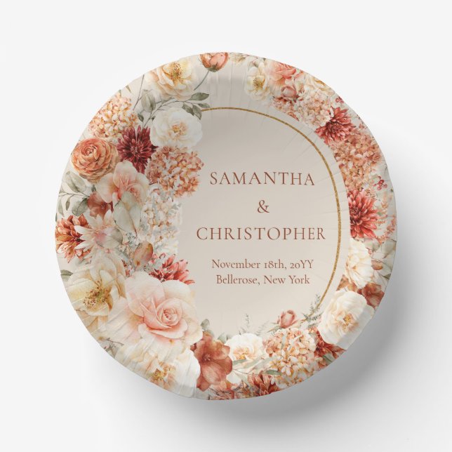 Modern watercolor terracotta burgundy blush floral paper plate (Front)