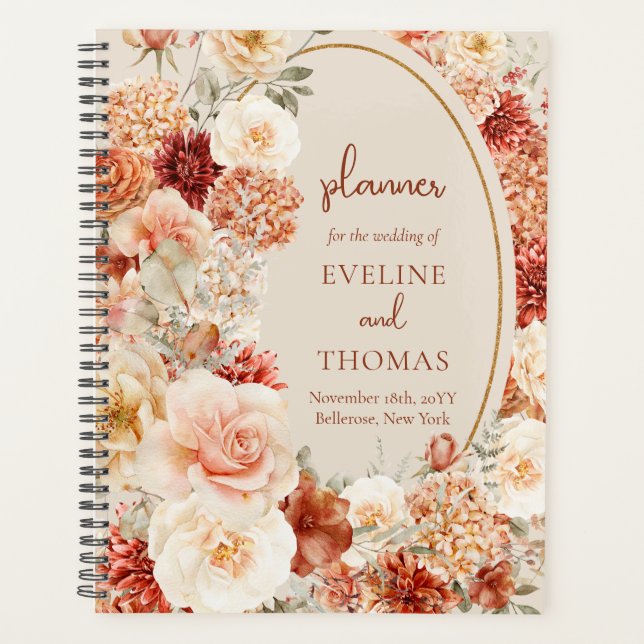 Modern watercolor terracotta burgundy blush floral planner (Front)