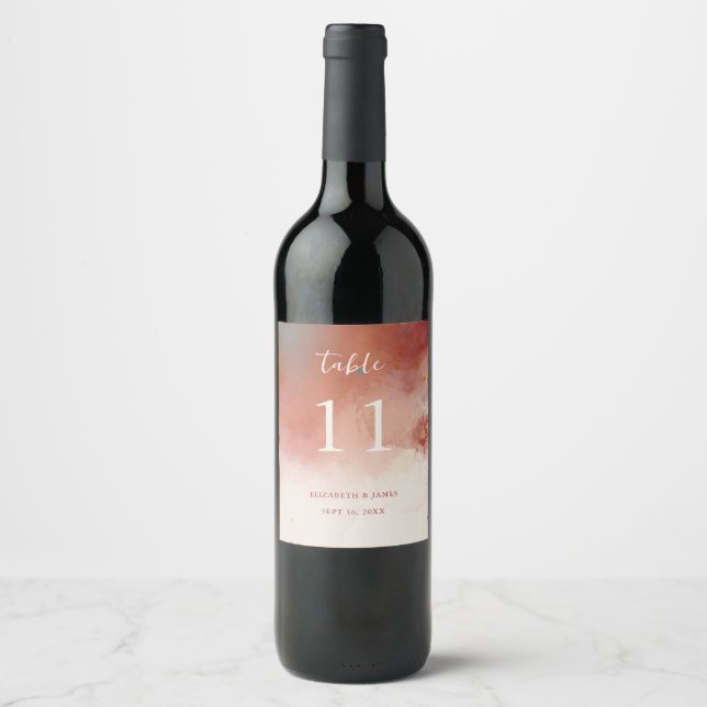 Modern Watercolor Terracotta Wedding Table Number Wine Label (Front)