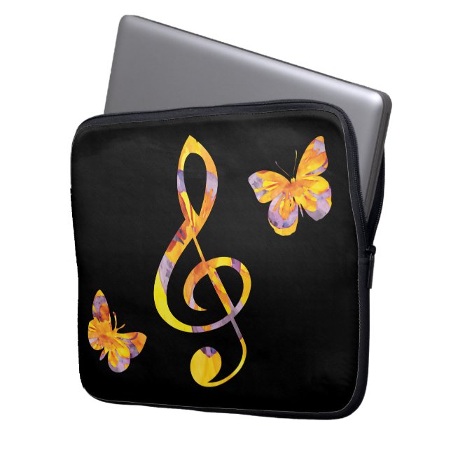 Modern watercolor treble clef and butterflies laptop sleeve (Front Left)