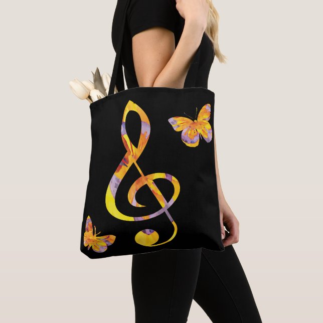 Modern watercolor treble clef and butterflies tote bag (Close Up)