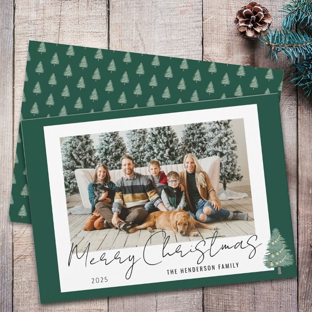 Modern Watercolor Tree & Lights Christmas Photo Holiday Card (Modern whimsical festive tree lights christmas family photo green & white holiday flat card stylish )