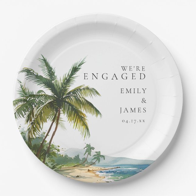 Modern Watercolor Tropical Beach Engagement Party Paper Plate (Front)