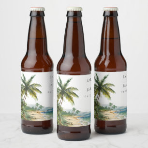 Modern Watercolor Tropical Beach Wedding Beer Bottle Label