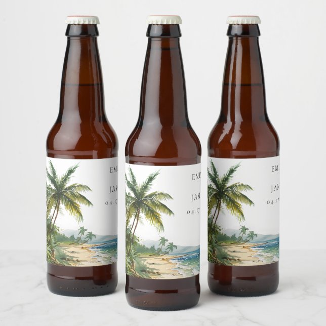 Modern Watercolor Tropical Beach Wedding Beer Bottle Label (Bottles)