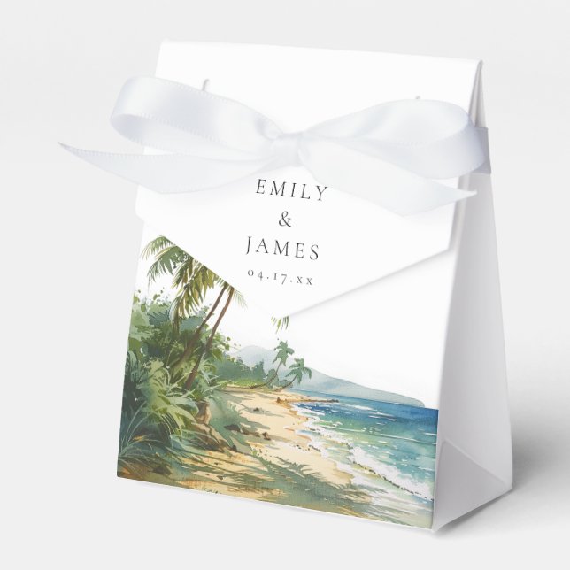 Modern Watercolor Tropical Beach Wedding Favour Box (Front Side)