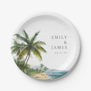 Modern Watercolor Tropical Beach Wedding Paper Plate