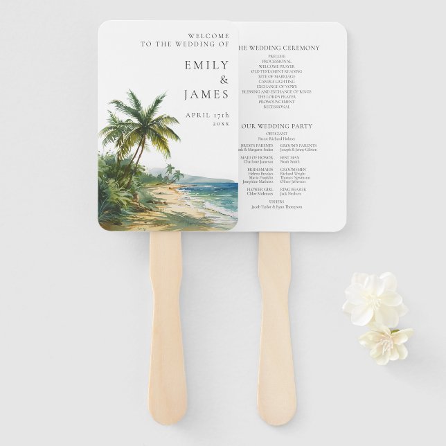 Modern Watercolor Tropical Beach Wedding Program Hand Fan (Front and Back)