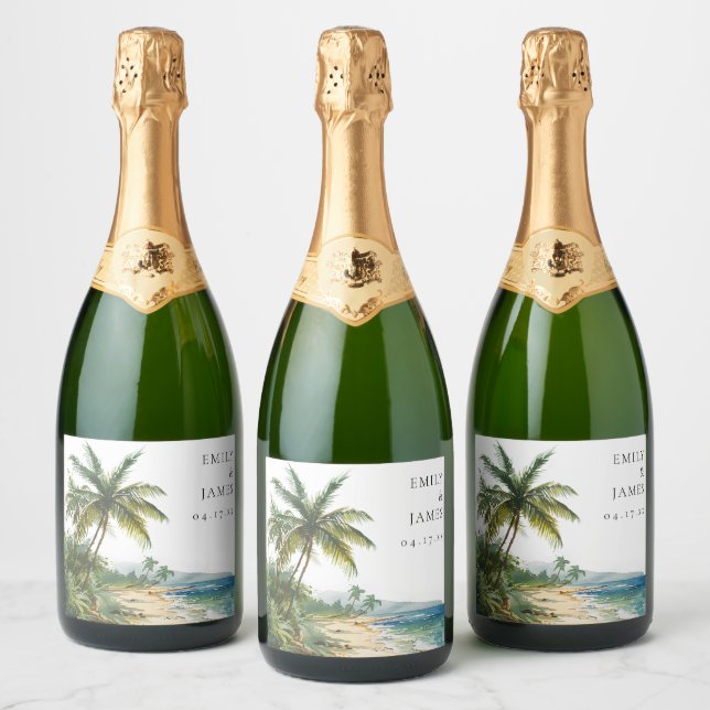 Modern Watercolor Tropical Beach Wedding Sparkling Wine Label (Bottles)