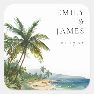 Modern Watercolor Tropical Beach Wedding Square Sticker