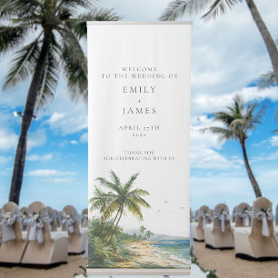 Modern Watercolor Tropical Beach Wedding Welcome Retractable Banner
