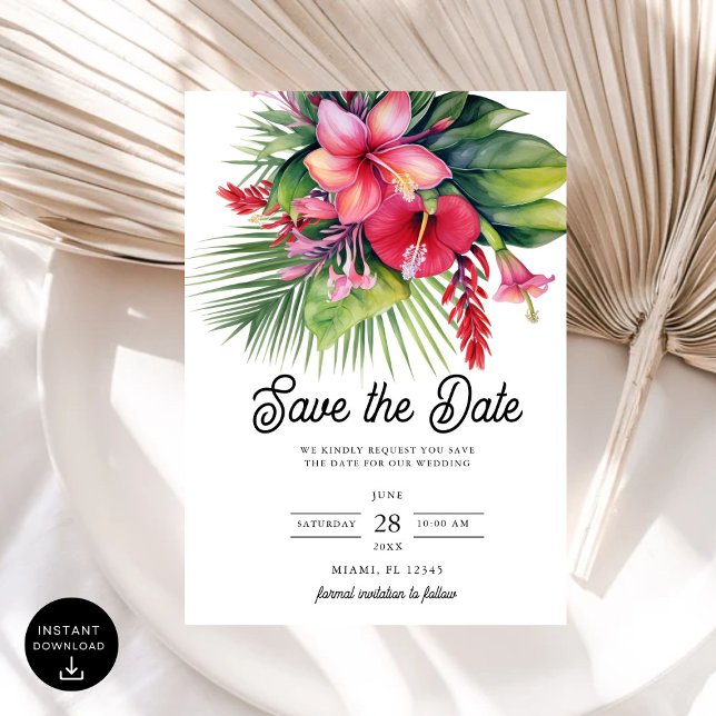 Modern Watercolor Tropical Botanical Save the Date Invitation (Creator Uploaded)