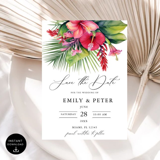 Modern Watercolor Tropical Botanical Save the Date Invitation (Creator Uploaded)
